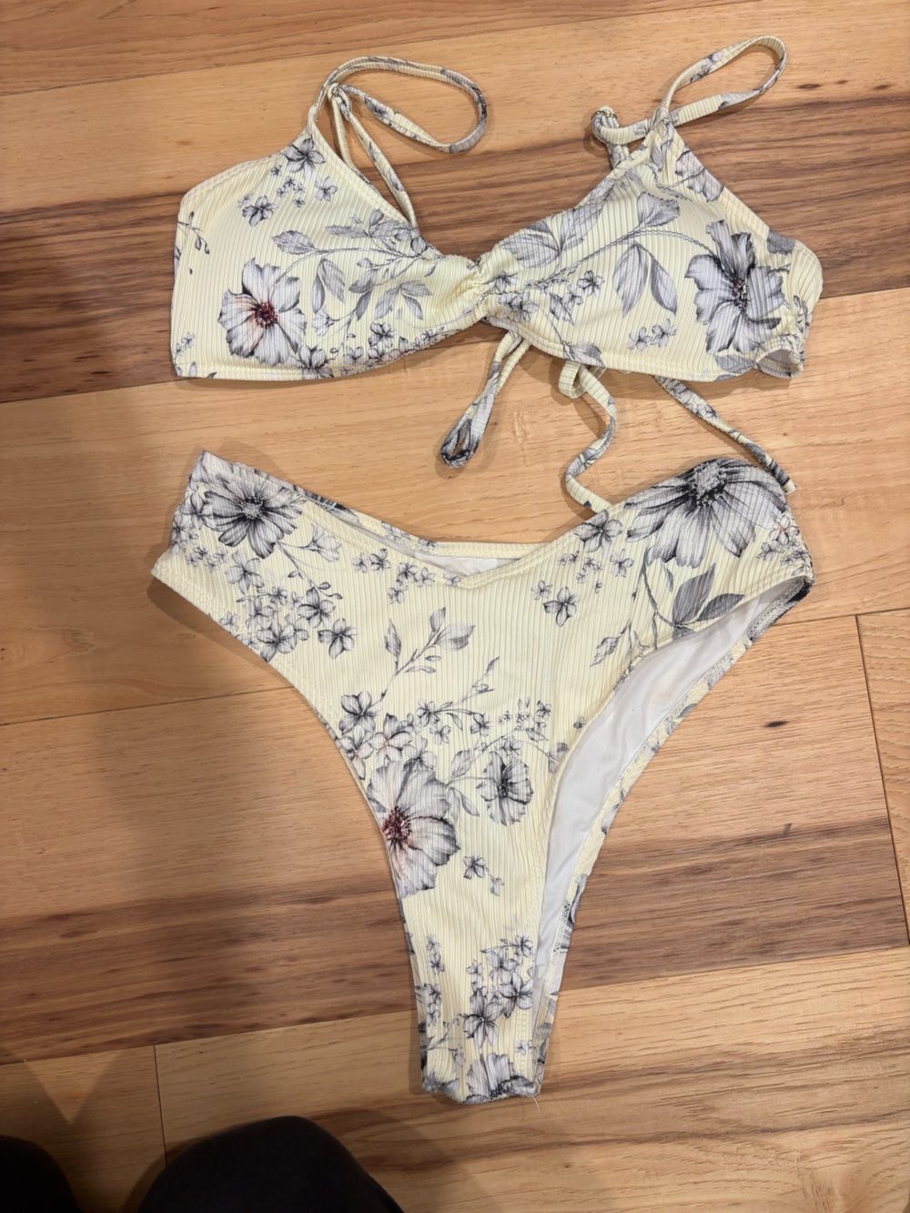 Yellow Floral Tie-Front Ribbed Bikini Set